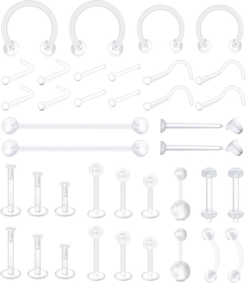 Mayhoop 38pcs Clear Piercing Retainers for Surgery Bioflex Nose Rings Belly Rings Septum Eyebrow Lip Cartilage Tragus Earring Retainer Industrial Bar Plastic Piercing Jewelry for Work - Image 1